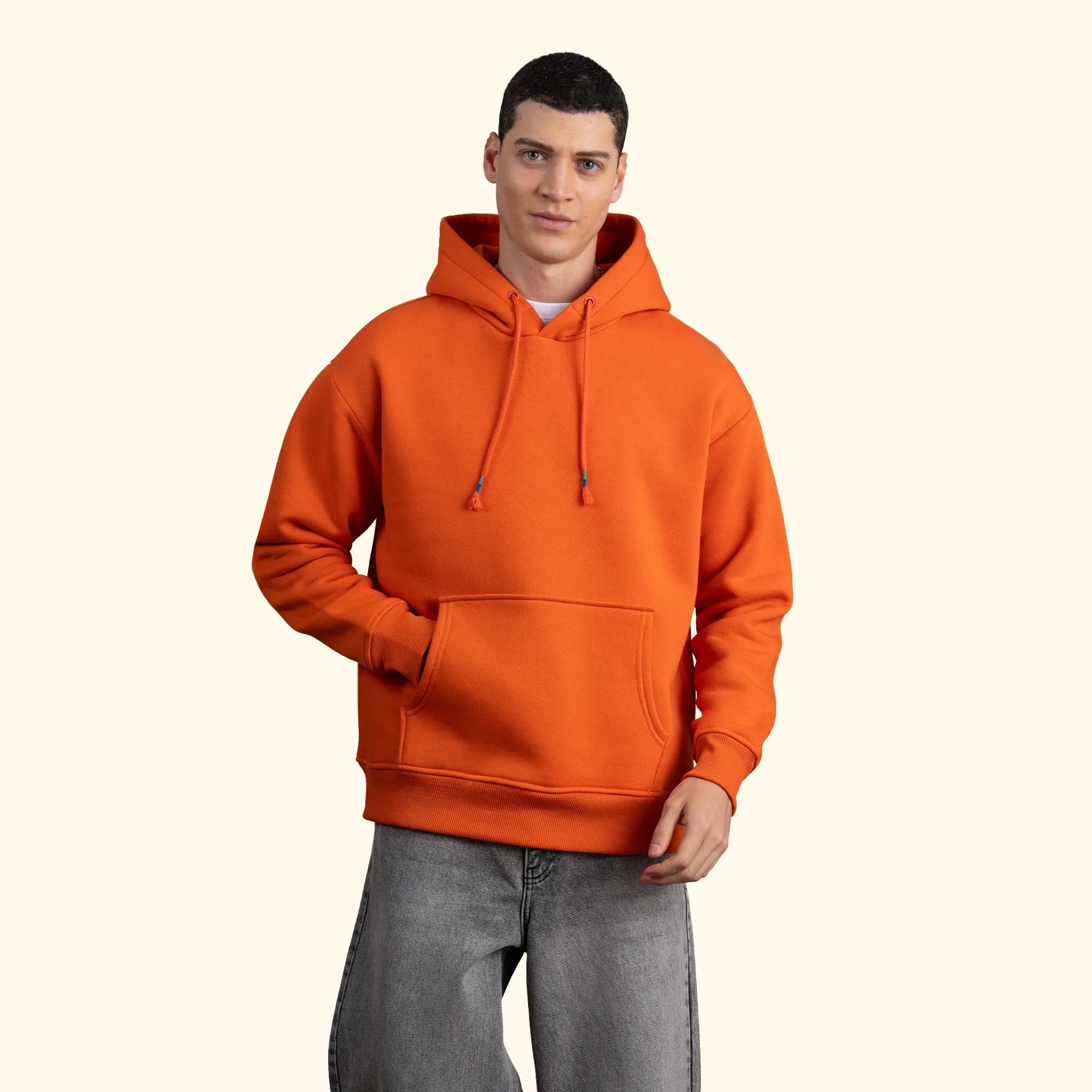 Erkek Turuncu Kapüşonlu Kanguru Cepli Basic Sweatshirt Hoodie - 2