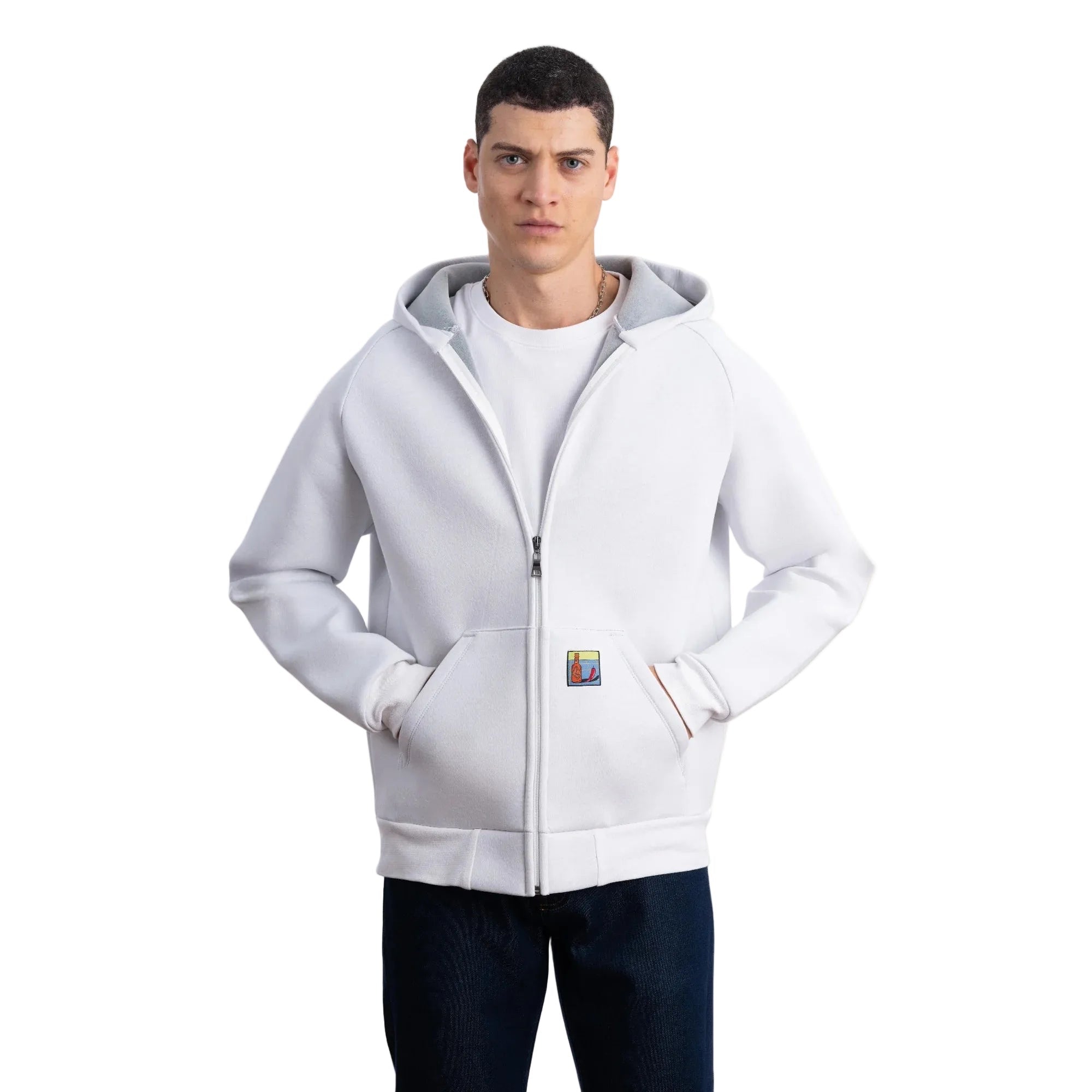 Erkek Ekru Su İtici Kapüşonlu Flok Sweatshirt Ceket - 3