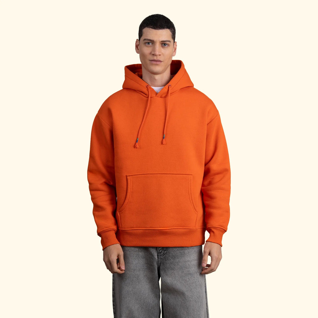 Erkek Turuncu Kapüşonlu Kanguru Cepli Basic Sweatshirt Hoodie - 3