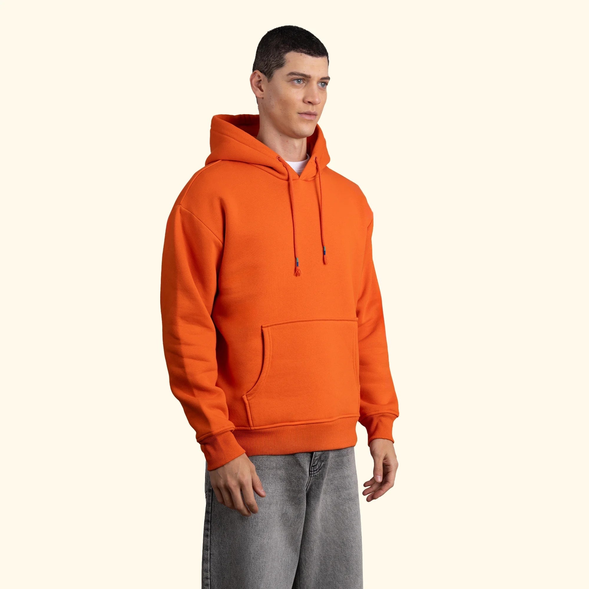 Erkek Turuncu Kapüşonlu Kanguru Cepli Basic Sweatshirt Hoodie - 4