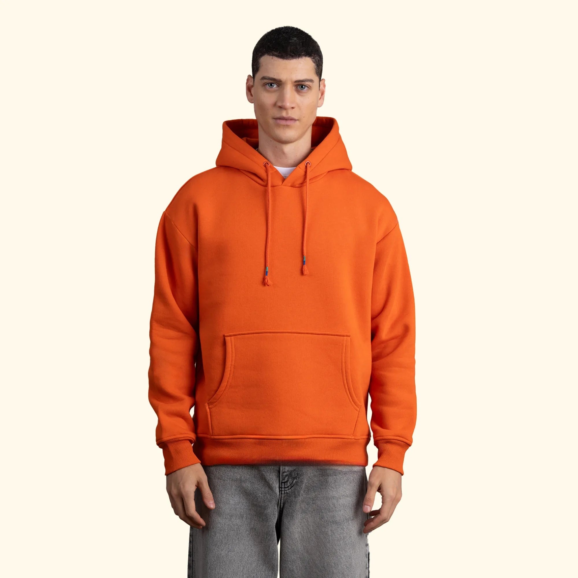 Erkek Turuncu Kapüşonlu Kanguru Cepli Basic Sweatshirt Hoodie - 5