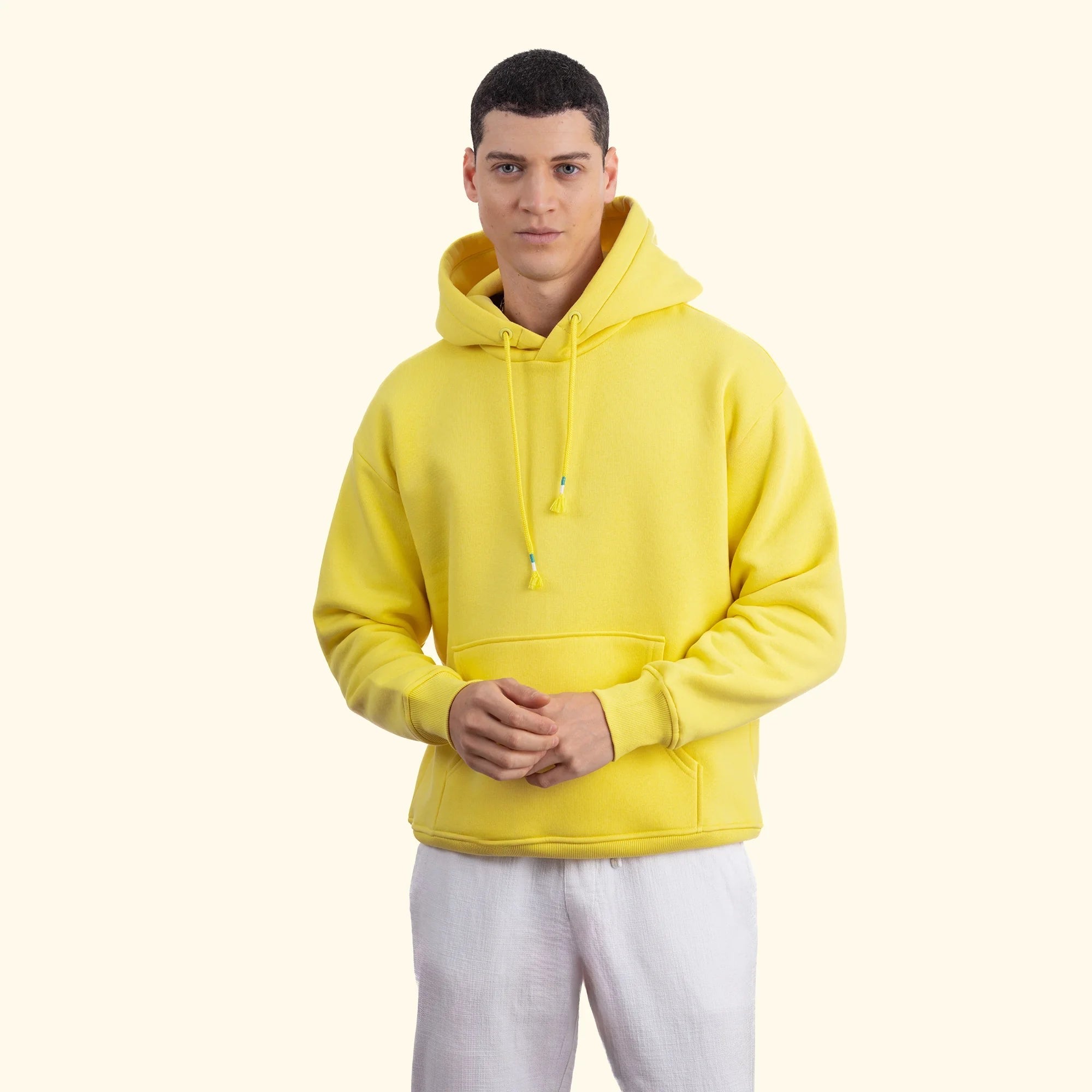 Erkek Sarı Kapüşonlu Kanguru Cepli Basic Sweatshirt Hoodie