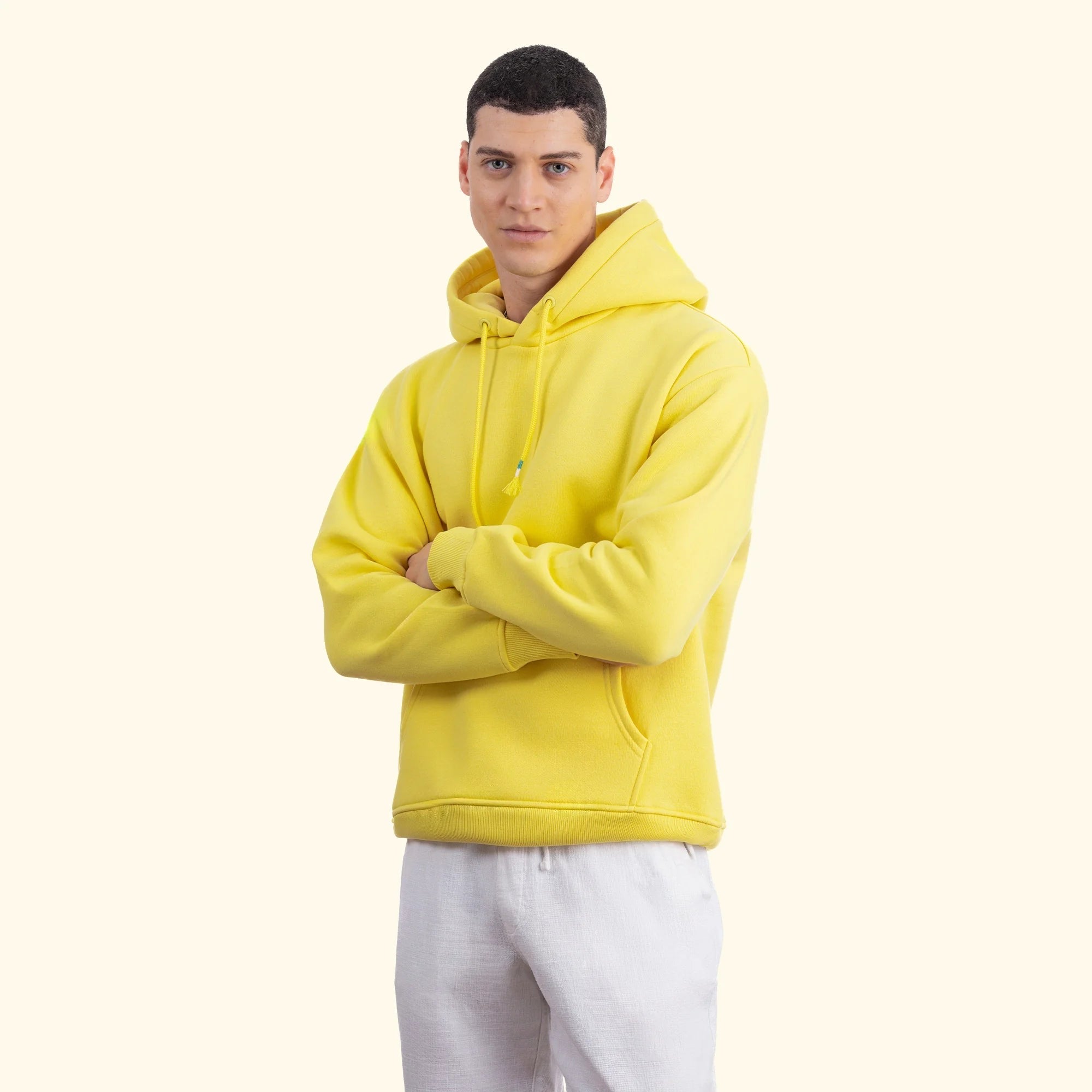 Erkek Sarı Kapüşonlu Kanguru Cepli Basic Sweatshirt Hoodie - 2