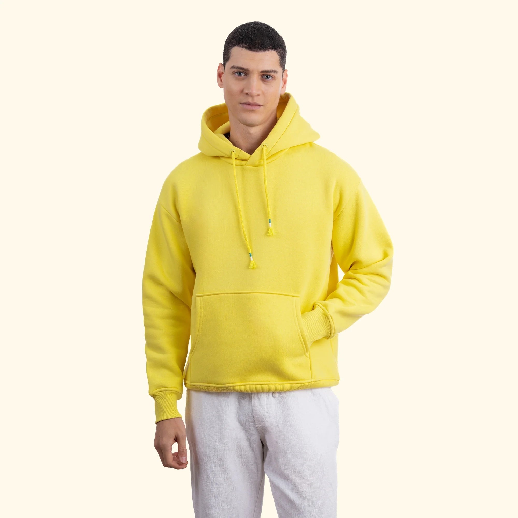 Erkek Sarı Kapüşonlu Kanguru Cepli Basic Sweatshirt Hoodie - 4