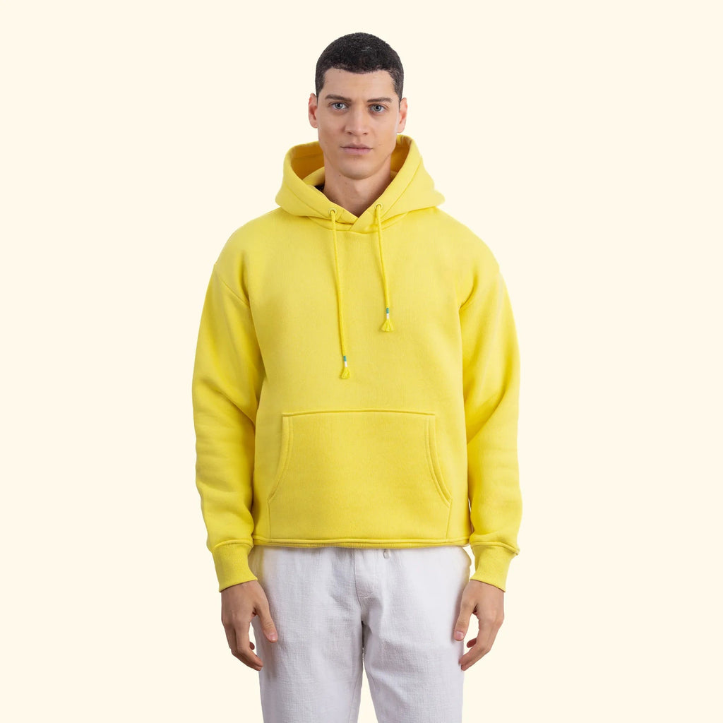 Erkek Sarı Kapüşonlu Kanguru Cepli Basic Sweatshirt Hoodie - 5