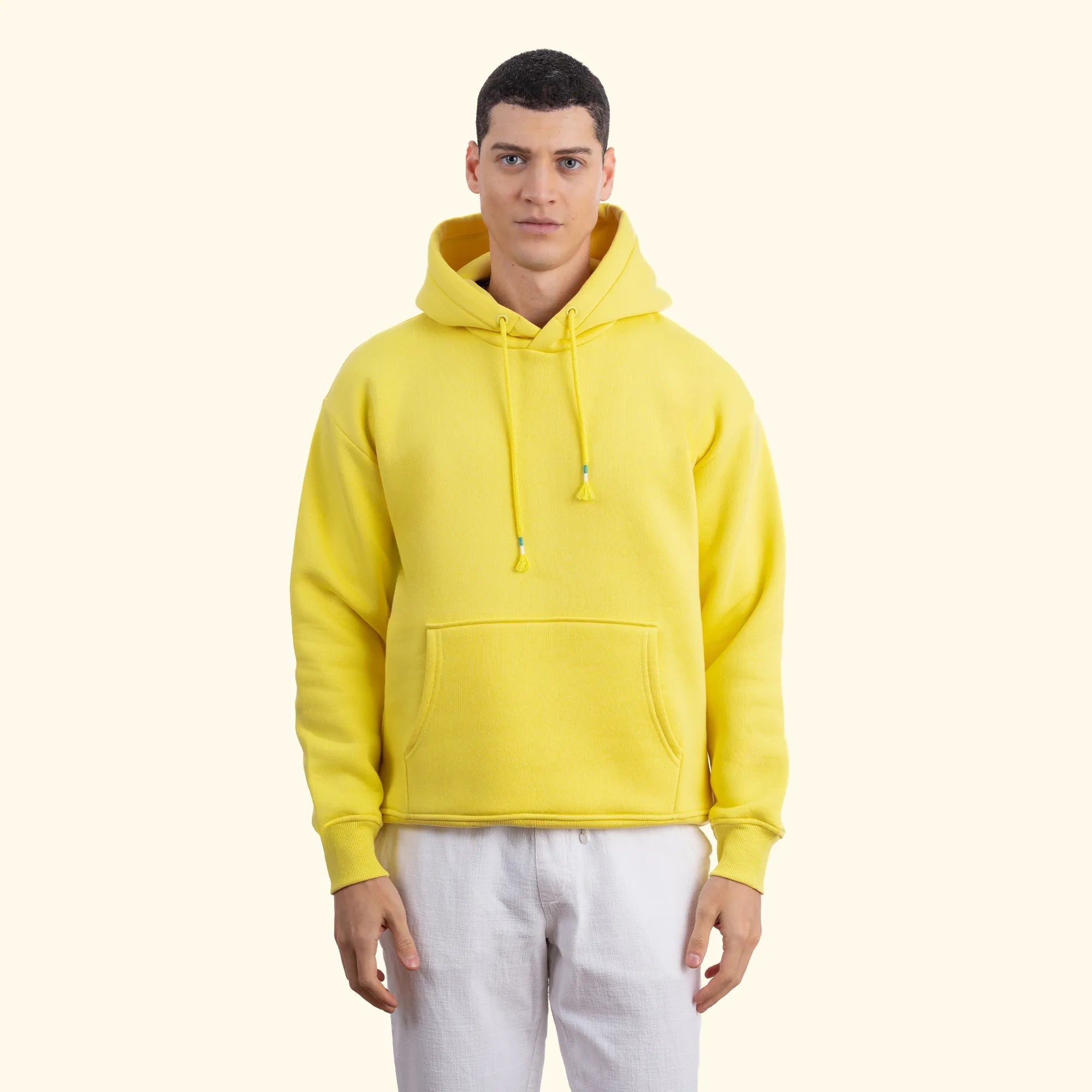 Erkek Sarı Kapüşonlu Kanguru Cepli Basic Sweatshirt Hoodie - 5