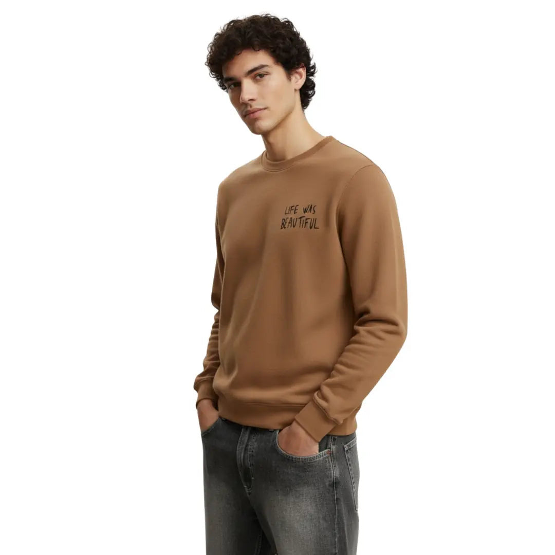 Erkek Açık Kahve Life Baskılı Regular Fit Sweatshirt - 4